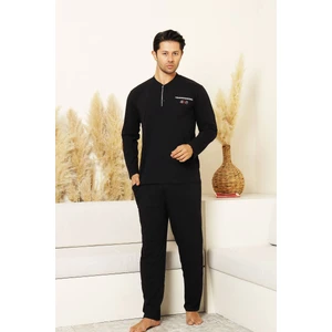 Erkek Pijama Takımı - Siyah Arma Nakışlı Likralı Uzun Kollu Penye 1194UY