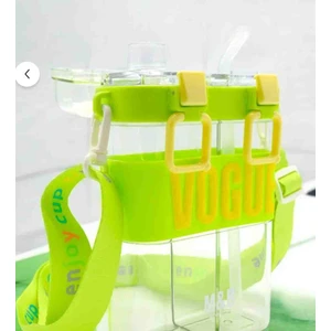 Water Bottle Çift Bölmeli Vogue Matara, Çift Kapaklı, Pipetli, Boyun Askılı Çocuk Okul Suluk