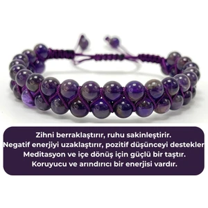 Sertifikalı Ametist Çift Sıra Doğal Taş Makrome Bileklik Ayarlanabilir Ölçü