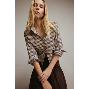 Oversize Geniş Kalıp Crop Kareli Uzun Kollu Gömlek E6934AX25AU