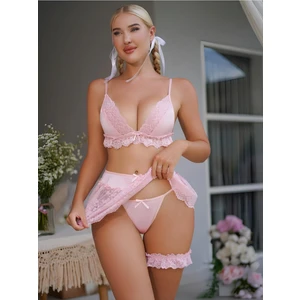 Efil Efil Kadın Pembe 4 Parça Tüllü Dantelli Bacak Bantlı Zarif Iç Çamaşırı Takımı Çeyizlik Gecelik Seksi Jartiyer Takım Fantezi Gecelik Dantelli Iç Giyim Açık Fantazi Kostüm Giysi