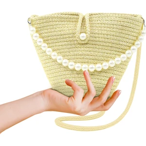 Sarı SHK245 Incili Hasır Kumaş Tek Bölmeli, Askılı El, Kol ve Omuz Çantası