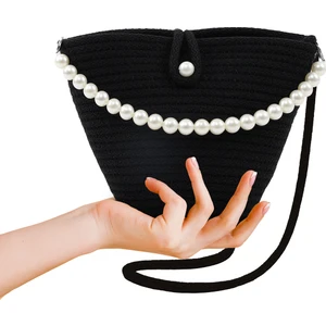 Siyah SHK245 Incili Hasır Kumaş Tek Bölmeli, Askılı El, Kol ve Omuz Çantası