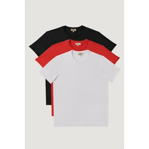 AC&Co / Altınyıldız Classics Erkek Beyaz-kırmızı-sıyah Slim Fit Dar Kesim Bisiklet Yaka 3'lü %100 Pamuk Tişört Paketi