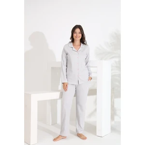 %100 Pamuk Uzun Kol Önden Düğmeli Kalpli Kadın Pijama Takımı 98300-301