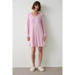 Açık Pembe Not Today Çiçek Desenli Bisiklet Yaka Uzun Kollu Gecelik