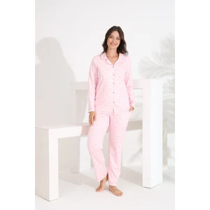 %100 Pamuk Uzun Kol Önden Düğmeli Kalpli Kadın Pijama Takımı 98300-301