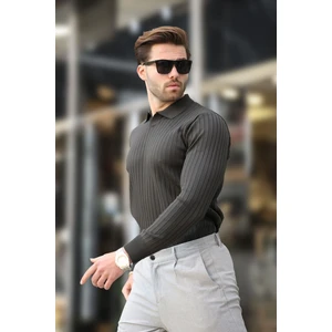 Antrasit Polo Yaka Çizgili Uzun Kollu Kazak 7239