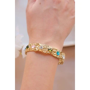 Gold Vintage Renkli Zirkon Taşlı Çelik Kelepçe Bileklik