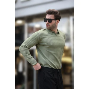 Haki Polo Yaka Çizgili Uzun Kollu Kazak 7239