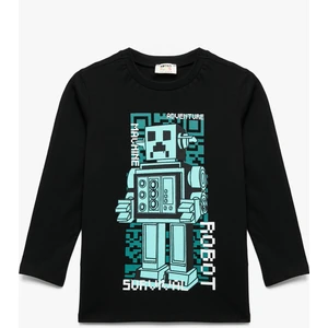 Pamuklu Uzun Kollu Bisiklet Yaka Robot Baskılı Tişört