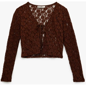 Bağlama Detaylı Uzun Kollu V Yaka Dantel Hırka