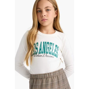 Kız Çocuk Slim Fit Dar Kesim Bisiklet Yaka Baskılı Fitilli Kaşkorse Uzun Kollu Tişört C7465A825AU