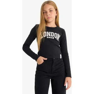 Kız Çocuk Slim Fit Dar Kesim Bisiklet Yaka Baskılı Fitilli Kaşkorse Uzun Kollu Tişört C7465A825AU