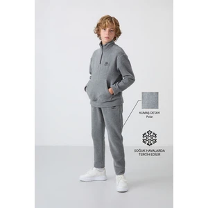 Tommy Life Gri Melanj Kalın Yumuşak Dokulu Standart Fit Nakışlı Polar Erkek Çocuk Eşofman Takım - 11218