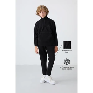 Tommy Life Siyah Kalın Yumuşak Dokulu Standart Fit Nakışlı Polar Erkek Çocuk Eşofman Takım - 11218