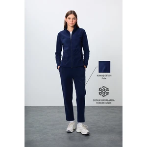 Tommy Life Lacivert Kalın Yumuşak Dokulu Dik Yaka Oversize Nakışlı Polar Kadın Eşofman Takım -95339