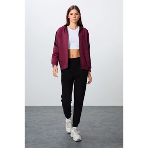 Tommy Life Erguvan-Siyah Kompakt Pamuklu Kalın Pürüzsüz Dokulu Kapüşonlu Oversize Fit Kadın Eşofman Takım - 95343