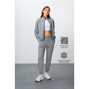 Tommy Life Gri Melanj Kompakt Pamuklu Kalın Pürüzsüz Dokulu Dik Yaka Oversize Fit Kadın Eşofman Takım - 95340