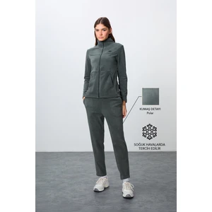 Tommy Life Haki Kalın Yumuşak Dokulu Dik Yaka Oversize Nakışlı Polar Kadın Eşofman Takım -95339