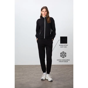 Tommy Life Siyah Kompakt Pamuklu Kalın Pürüzsüz Dokulu Dik Yaka Oversize Fit Kadın Eşofman Takım - 95340