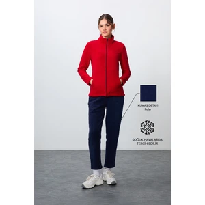 Tommy Life Kırmızı-Lacivert Kalın Yumuşak Dokulu Dik Yaka Oversize Nakışlı Polar Kadın Eşofman Takım -95339