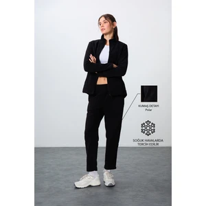 Tommy Life Siyah Kalın Yumuşak Dokulu Dik Yaka Oversize Nakışlı Polar Kadın Eşofman Takım -95339