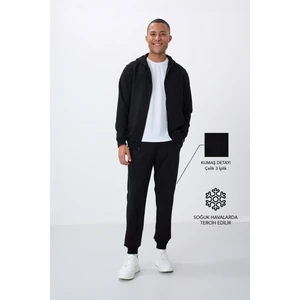Tommy Life Siyah Kompakt Pamuklu Kalın Pürüzsüz Dokulu Kapüşonlu Comfort Fit Erkek Eşofman Takım - 85262