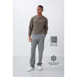 Tommy Life Gri Melanj Pamuklu Kalın Içi Tüylü Yumuşak Dokulu Oversize Nakışlı Erkek Eşofman Altı -82146