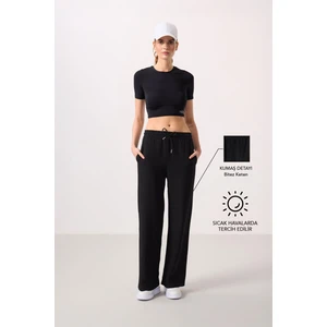 Tommy Life Siyah Keten Geniş Paça Rahat Form Kadın Palazzo Pantolon - 94675