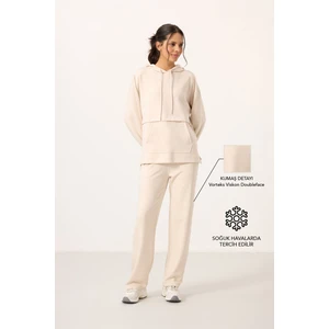 Bej Yumuşak Dokulu Kapüşonlu Oversize Kadın Eşofman Tunik Takım - 95348