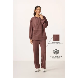 Kahverengi Yumuşak Dokulu Kapüşonlu Oversize Kadın Eşofman Tunik Takım - 95348