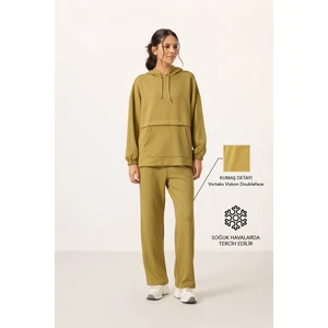 Koyu Hardal Yumuşak Dokulu Kapüşonlu Oversize Kadın Eşofman Tunik Takım - 95348