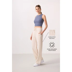 Tommy Life Bej Keten Geniş Paça Rahat Form Kadın Palazzo Pantolon - 94675