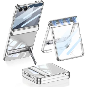 Galaxy Z Flip 7 Uyumlu Kılıf Şeffaf Arka Kapak Kick Standlı Kamera Korumalı Magnetik Menteşeli