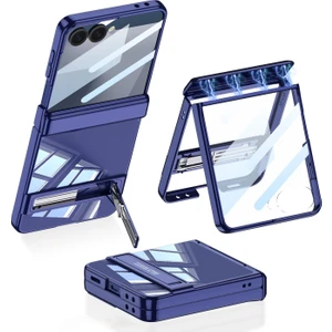 Galaxy Z Flip 7 Uyumlu Kılıf Şeffaf Arka Kapak Kick Standlı Kamera Korumalı Magnetik Menteşeli