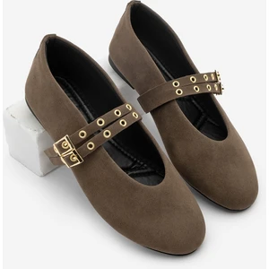 Kadın Çift Bantlı Zımbalı Günlük Babet Bekosa Kahve Süet