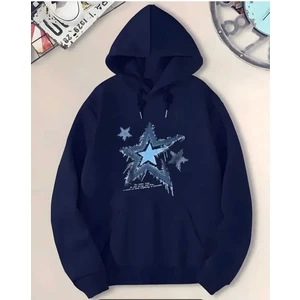 Yıldız Kot Hoodie Baskılı Kapüşonlu Cepli Içi Yünlü Lacivert Sweatshirt
