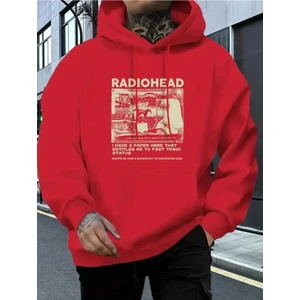 Radiohead Kapak Baskılı Kapüşonlu Cepli Içi Yünlü Kırmızı Sweatshirt