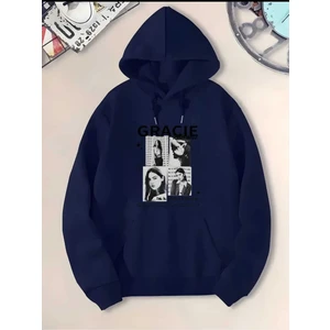 Gracie Abrams Baskılı Kapüşonlu Cepli Pamuklu Lacivert Sweatshirt
