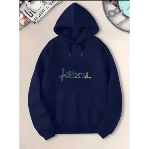 Bisiklet Kalp Ritim Baskılı Kapüşonlu Cepli Pamuklu Lacivert Sweatshirt