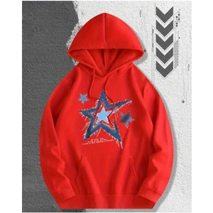 Yıldız Kot Hoodie Baskılı Kapüşonlu Cepli Içi Yünlü Kırmızı Sweatshirt
