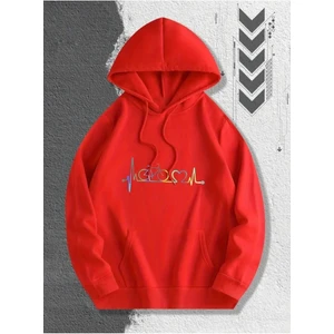 Bisiklet Kalp Ritim Baskılı Kapüşonlu Cepli Pamuklu Kırmızı Sweatshirt