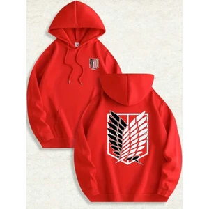 Aot Keşif Birliği Arka Göğüs Baskılı Kapüşonlu Cepli Içi Yünlü Kırmızı Sweatshirt