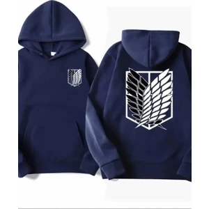 Aot Keşif Birliği Arka Göğüs Baskılı Kapüşonlu Cepli Içi Yünlü Lacivert Sweatshirt