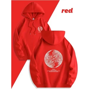 Lazarus Arka Göğüs Baskılı Kapüşonlu Cepli Pamuklu Kırmızı Sweatshirt