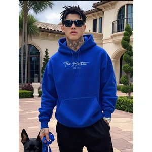 The Boston Est Baskılı Kapüşonlu Cepli Içi Yünlü Saks Sweatshirt