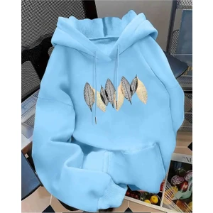Palmiye Yaprağı Baskılı Kapüşonlu Cepli Pamuklu Mavi Sweatshirt