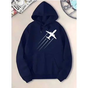 Uçak Baskılı Kapüşonlu Cepli Pamuklu Lacivert Sweatshirt