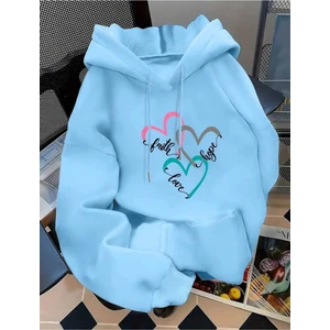 Faith Hope Love Baskılı Kapüşonlu Cepli Içi Yünlü Mavi Sweatshirt
